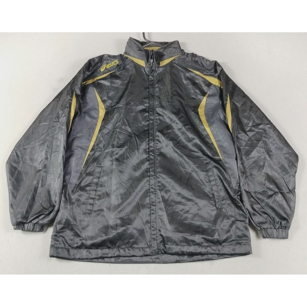 ASICS Jacket Mens Large Black Hooded Full Zip Windbreaker Running Athletic